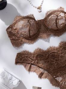 SHEIN Women's 2-Piece Lace Lingerie Set - Coffee Brown - View 3