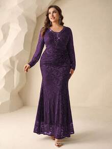 Coutiva Premium Plus Size Beaded Fitted Evening Dress - Dark Purple - View 1