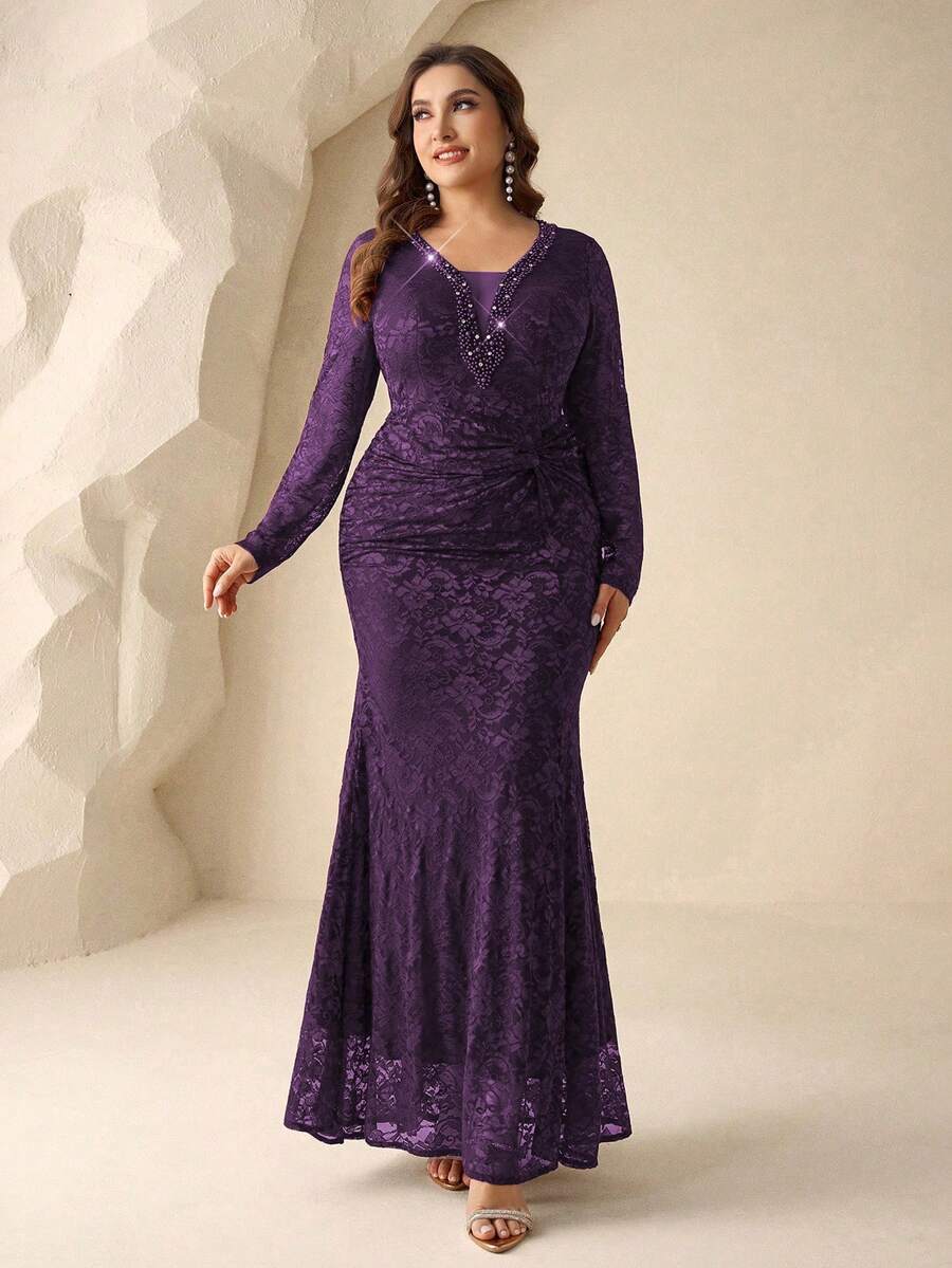 Coutiva Premium Plus Size Beaded Fitted Evening Dress - Dark Purple - View 1