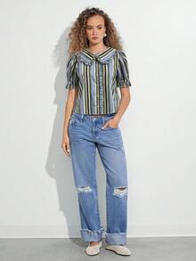 WESTFADE 100% Cotton Ruffle Collar Short Puff Sleeve Button Up Striped Shirt, Country Style For Women, 4th Of July, Summer Outfit - Multicolor - View 4