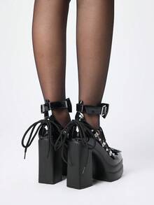 ROMWE Grunge Punk Women's Fashion Platform High Heels Shoes Punk Style Cross Lace-Up Rivet Circumference Rear Bag Bow Loop Gothic Front Bow Women's Shoes Dark Se - Black - View 5