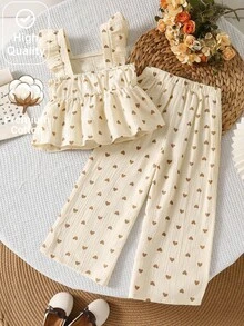SHEIN Genkimix Kids 女童奶杏色愛心印花荷葉袖吊帶上衣 & 寬腿褲 2件套，休閒百搭，簡單易搭配，可搭配皮鞋、帆布鞋、涼鞋，適合日常穿著、學校活動、家庭聚會、短途旅行 - 彩色 - 查看 4