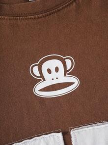 Paul Frank X SHEIN 男士圓領字母圖案休閒百搭日常旅行短袖T恤 - 棕色 - 查看 5