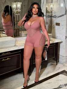 NU&NOW Plus Size Women Deep V Neck Spaghetti Strap Romper - Dusty Pink - View 5