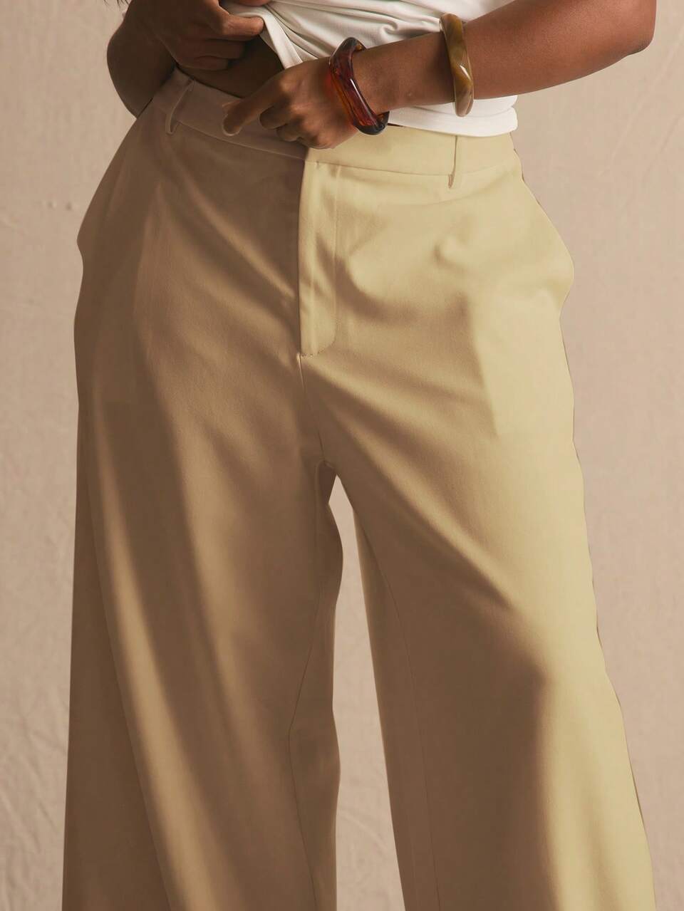 Plus Size Low Rise Tailored Slouchy Fit Wide Leg Trousers, Autumn Elegant Cute Vacation Casual Everyday Office Khaki