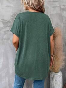 SHEIN CURVE+ Plus Size Women's Solid Color Batwing Sleeve Fashion Loose T-Shirt Wedding Dates Fashion Week Dark Green Summer Streetwear Simple Normal - Dark Green - View 2