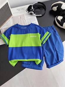 SHEIN Little Byeori 2pcs/Set Young Boy Casual Color Block Round Neck T-Shirt & Wide Pocket Cargo Shorts Set,Versatile Comfortable Summer Sports Outfit For School,Party - Royal Blue - View 5