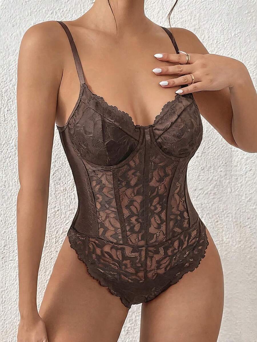 SHEIN PETITE 性感優雅蕾絲拼接透視鋼圈3D條紋波浪邊女款細肩帶背心,適合嬌小女性 - 咖啡棕 - 查看 1