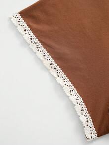 GlowEve CURVE Große Größen Lässig Braun Spitzenbesatz Täglicher Arbeitsweg Strick Kurzarm Sommer Top - Braun - Übersicht 4
