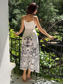 DAZY Women's Cinched Waist Floral Print Long Dress, Summer Home Wear Dress Pajamas - White - View 2