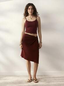 Aralina Women's Autumn Lace Waist Trim Detail Asymmetrical Hem Ruched Front Detail Holiday Vacation Beach Date Work Festival Knee Length Skirt Burgundy Casual - Burgundy - View 9