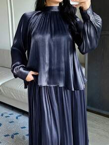 Dazy Plus 优雅大码女士春夏两件套：雪纺系领宽松长袖上衣和A字长裙 - 藏蓝色 - 查看 2