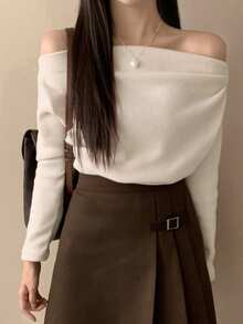DAZY 女士纯色简约露肩垂坠T恤，适合日常穿着、秋季服装、返校服装长袖女式上衣 - 粉色 - 查看 7