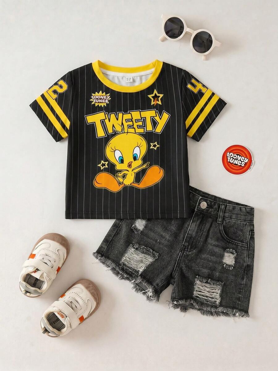 LOONEY TUNES X SHEIN Young Girl Colorblock Striped & Cartoon Graphic Round Neck Short Sleeve T-Shirt - White - View 1