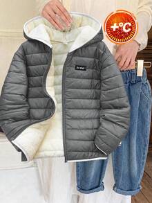SHEIN 兒童青少年男童休閒連帽開襟長袖梭織冬季外套派克大衣，適合通勤、上學、日常休閒、度假旅行、運動，適用於秋冬季節，黑色 - 灰色 - 查看 1