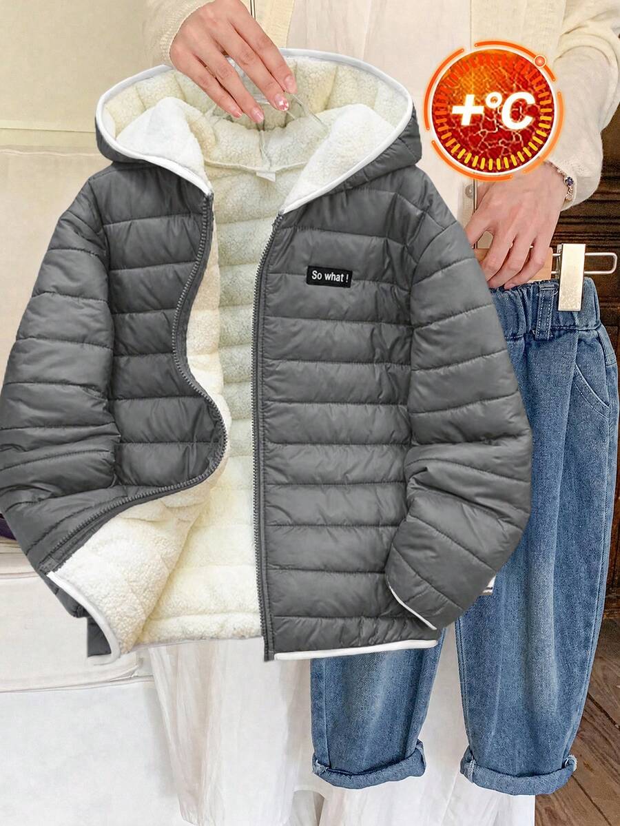 SHEIN 兒童青少年男童休閒連帽開襟長袖梭織冬季外套派克大衣,適合通勤、上學、日常休閒、度假旅行、運動,適用於秋冬季節,黑色 - 灰色 - 查看 1