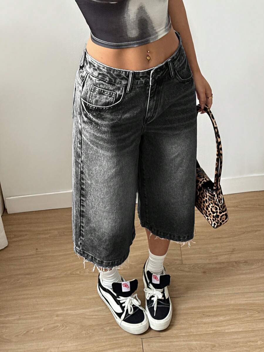 SHEIN EZwear 女款口袋鈕扣休閒百搭日常旅行牛仔短褲 - 黑色 - 查看 1