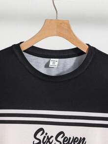 SHEIN 青少年男童休閒簡約短袖圓領T恤與長褲套裝，適合夏季，經典時尚口號「Seven & Six」，6 7"，運動文字風格 - 彩色 - 查看 6