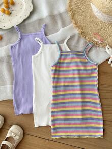 LMoss Kids Baby Girl Knitted Solid Color Striped Floral Pattern Camisole Dress 3pcs Set - Multicolor - View 2