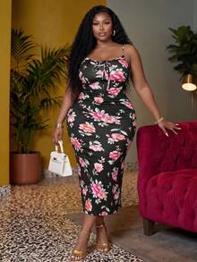 Veslaya Plus Size Women's Floral Print Elegant Waist-Cinched Party Cocktail Strap Dress Brown Gym - Multicolor - View 8