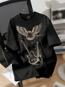 SHEIN EZwear 超大号音乐节吉他与老鹰图案圆领短袖宽松T恤，棉混纺，夏季 - 黑色 - 查看 3