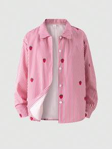 SHEIN 3件組 粉色長袖條紋數位印花草莓圖案上衣、黑色長褲、吊帶背心，適合春、夏、秋季出遊 - 粉色 - 查看 6