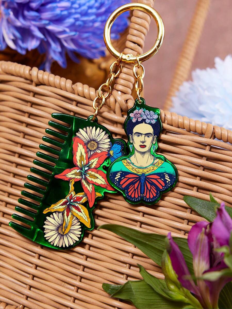 Frida Kahlo X SHEIN 可愛卡通鋅合金包包吊飾、吊飾、紀念品、收藏品,適合作為禮物、錢包、書包、背包、汽車配件 - 彩色 - 查看 1