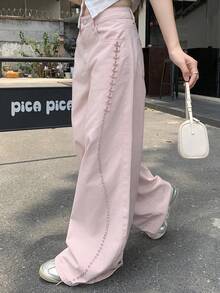 DAZY 女款中腰珍珠拼接寬鬆寬腿長褲休閒粉色牛仔褲女孩適用 - 粉色 - 查看 3