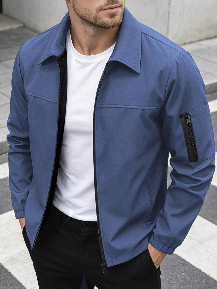 Manfinity Homme Men's Solid Color Decorative Zipper Long Sleeve Fashion Jacket - Royal Blue - View 1