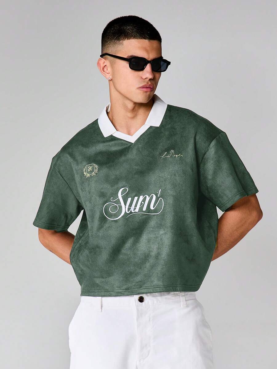 SUMWON 休閒寬版麂皮 Polo 衫,刺繡文字 Logo 與對比領短袖上衣 - 綠色 - 查看 1
