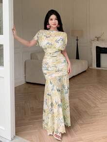 Modelyn 女款粉色網紗花卉印花夏季百褶優雅高雅時尚長洋裝，適合外出與晚宴派對 - 黃色 - 查看 5