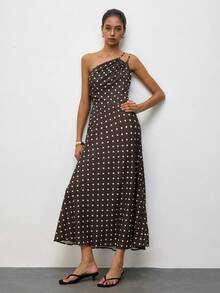 Maija Vestido elegante sexy con estampado de lunares y pliegues de un solo hombro para mujer - Marrón - Ver 7