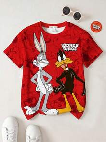 LOONEY TUNES X SHEIN 青少年男孩卡通图案圆领短袖 T 恤 - 白色 - 查看 1
