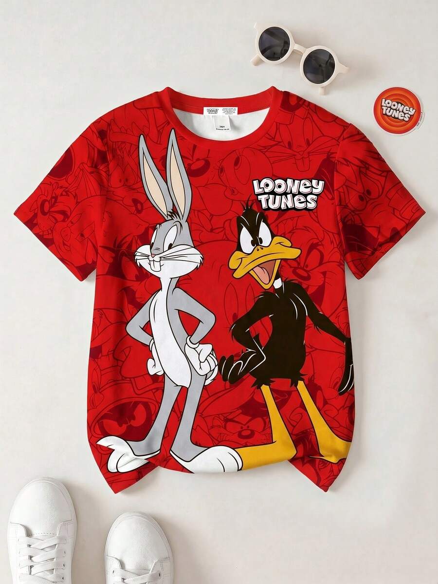 LOONEY TUNES X SHEIN 青少年男孩卡通图案圆领短袖 T 恤 - 白色 - 查看 1