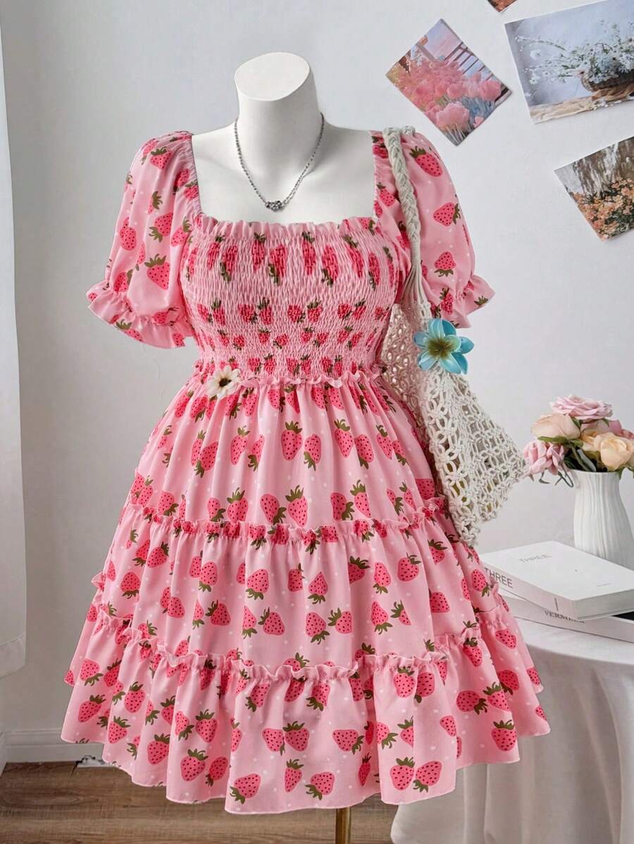 Flirla Plus Size Diamond Neck Pattern Strawberry Print Splice Ruffles Summer Short Sleeve Women Casual Dress - Multicolor - View 1