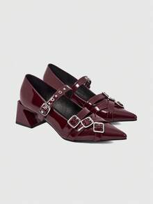 ROMWE Grunge Punk Elegant Pointed Toe Chunky Heel Lacquer Leather Pumps For Christmas Y2K 2000s Style - bright red - View 3