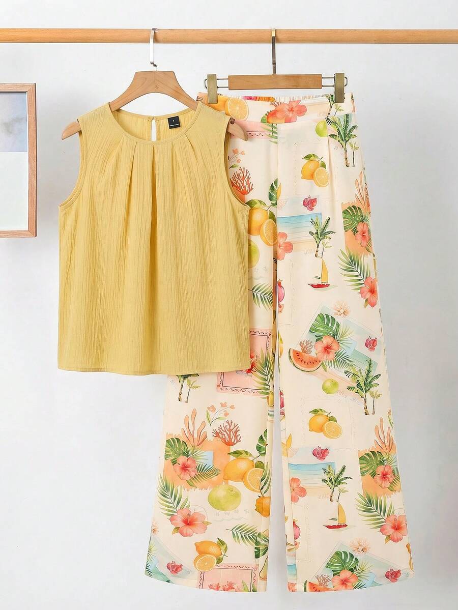 SHEIN Clasi 女士浅黄色圆领吊带背心和阔腿裤两件套 - 彩色 - 查看 1