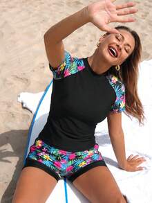 Swim SPRTY Summer Beach Women's Short Sleeve Round Neck Plant Print Bikini - Multicolor - View 4