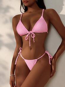 SHEIN Swim 女款夏季海灘純色前綁帶性感時尚比基尼兩件式泳衣套裝 - 粉色 - 查看 1