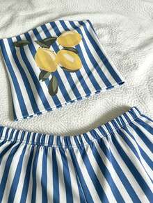 SHEIN Setelan 2 Potong Atasan dan Celana Pendek untuk Liburan Pantai Musim Panas untuk Wanita - Blue and White - View 3