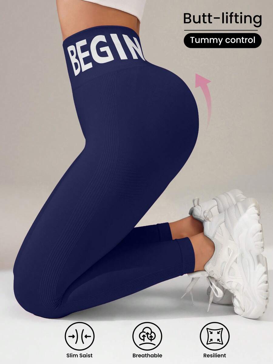 SHEIN Sports Sport Studio 女款高腰無縫修身緊身褲 - 彈性柔軟親膚 透氣四向伸展 適合跑步 騎單車 瑜珈 皮克球 運動 休閒 - 藏蓝色 - 查看 1