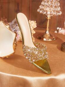 CUCCOO TILAWA Transparent Asymmetric Chunky Heel Women's Glass Rhinestone Sandals - yellow gold - View 5