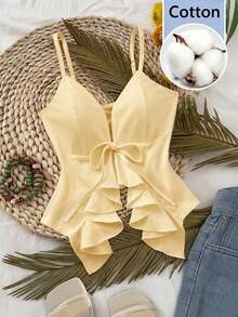 Selianne Camisola ajustada con tirantes de volantes y lazo delantero, estilo francés suave y efecto adelgazante - Amarillo claro - Ver 7
