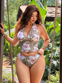 Swim Vcay 2026 New Summer Beach Vacation Women's Tropical Print Two Pieces Bikini Set, Casual Vacation Style, Summer Holiday Outfit, Floral Bikini, Plus Size Tank Style Bikini - Baby Pink - View 1