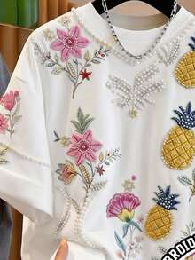EMERY ROSE White Summer Cute Everyday Holiday Women's T-Shirt Spring Heavily Embroidered 3D Floral Print Loose Round Neck Short Sleeve Mother's Day Gift Vacation - White - View 5