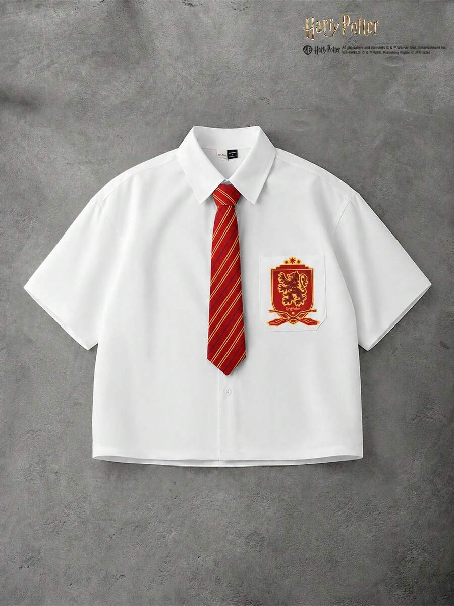 HARRY POTTER X SHEIN PAVTROS XIP 聯名款男士印花襯衫附領帶,儀式穿著 - 白色 - 查看 1