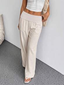 SHEIN PETITE Women Casual Solid Low Wasit Wide Leg Pants Vacation White Autumn,Petite Women Vacation Vacation Beach Vacation Vacation - Apricot - View 1