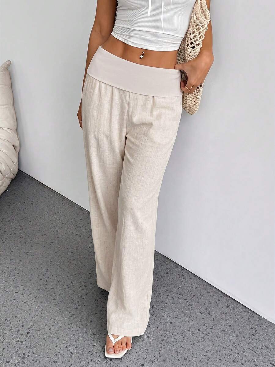 SHEIN PETITE Women Casual Solid Low Wasit Wide Leg Pants Vacation White Autumn,Petite Women Vacation Vacation Beach Vacation Vacation - Apricot - View 1