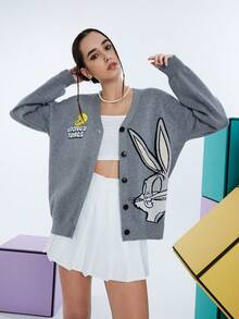 LOONEY TUNES X SHEIN Women Grey Casual Rabbit Cartoon & Letter Pattern Jacquard Dropped Shoulder Loose V-Neck Button Up Cardigan Cute Sweater Cardigan Fall Sweaters Ugly Christmas Sweater - Dark Grey - View 3