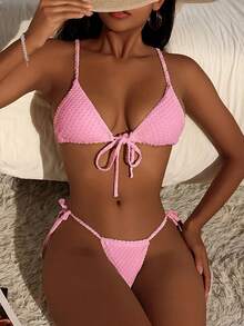 SHEIN Swim 女款夏季海灘純色前綁帶性感時尚比基尼兩件式泳衣套裝 - 粉色 - 查看 5